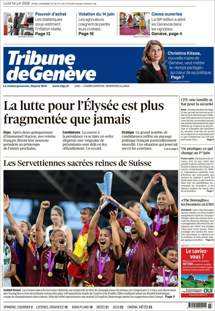 Portada de La Tribune de Genève (Suiza)