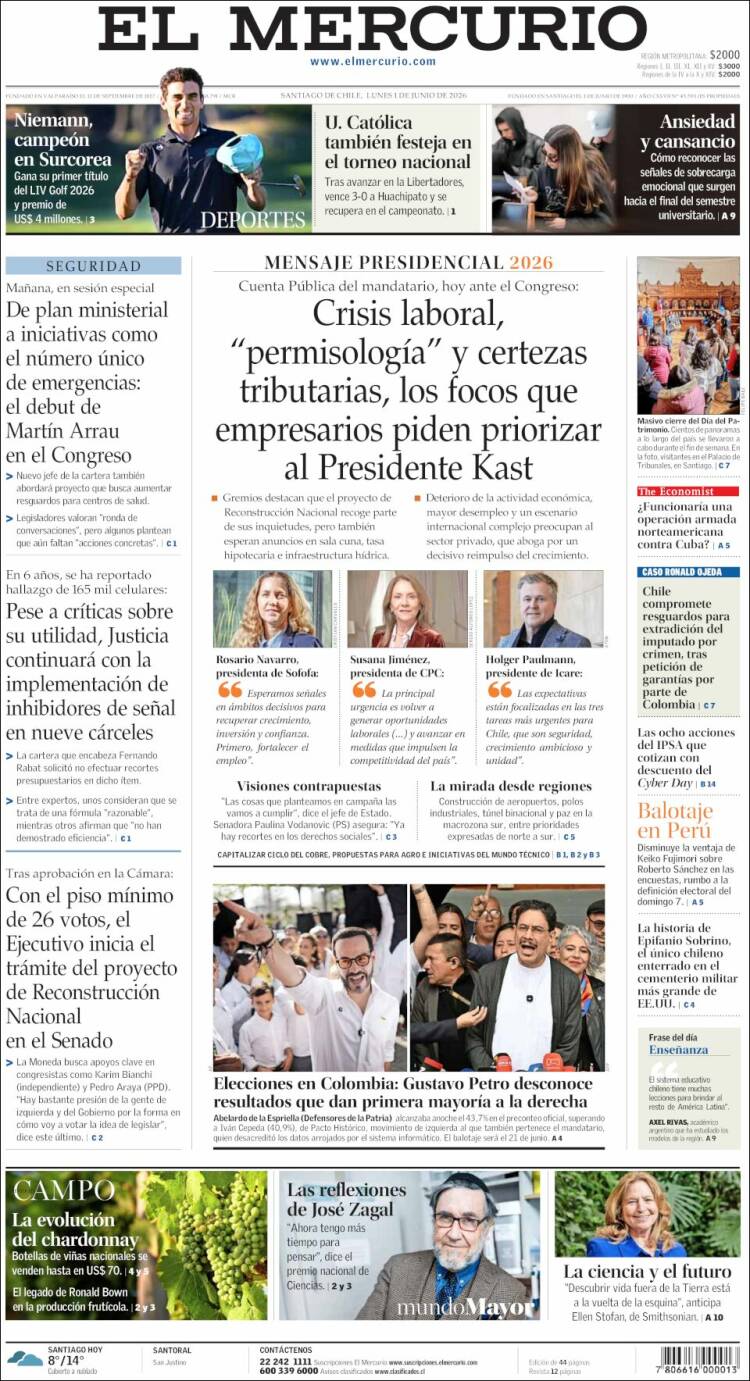 Portada de El Mercurio (Chile)