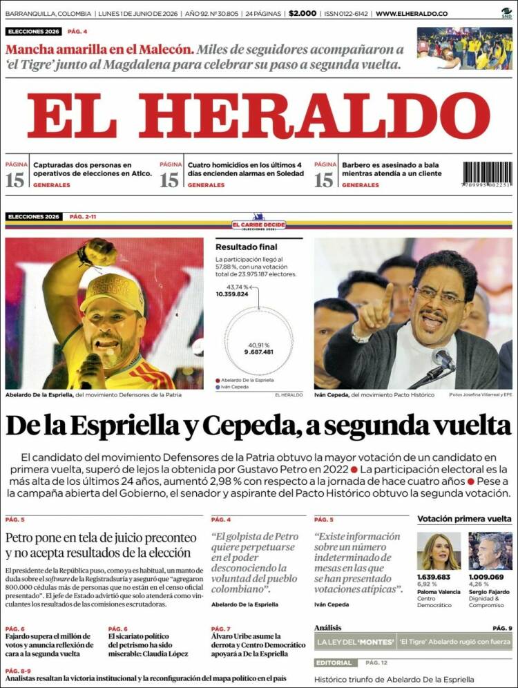 Portada de El Heraldo (Colombia)