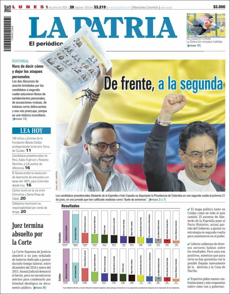 Portada de La Patria (Colombia)
