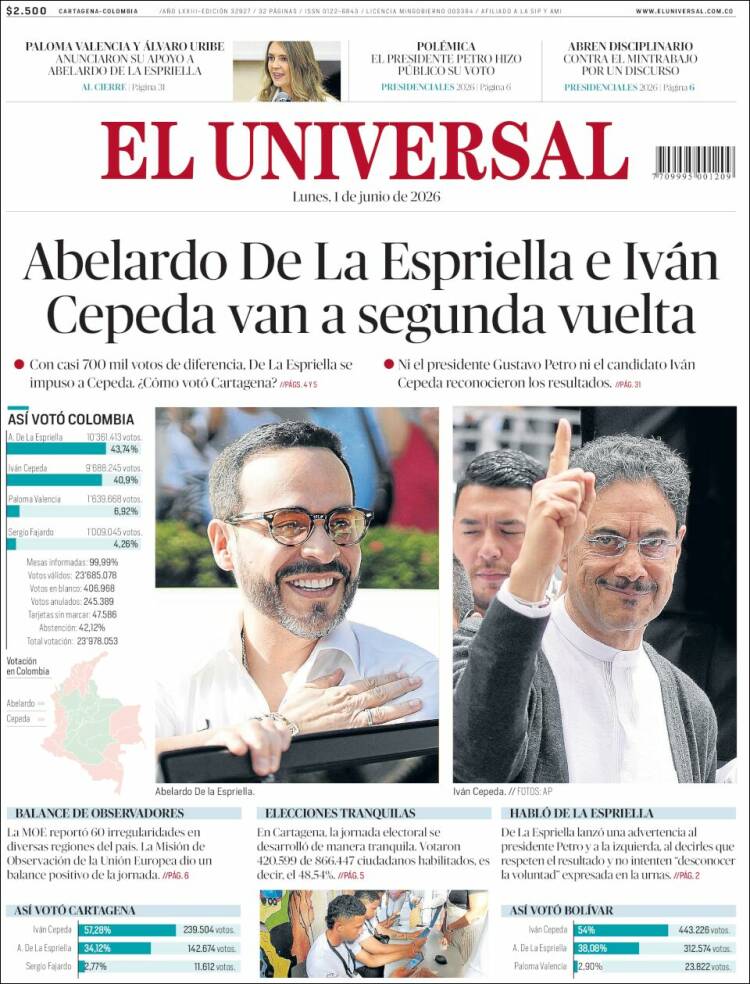 Portada de El Universal (Colombia)