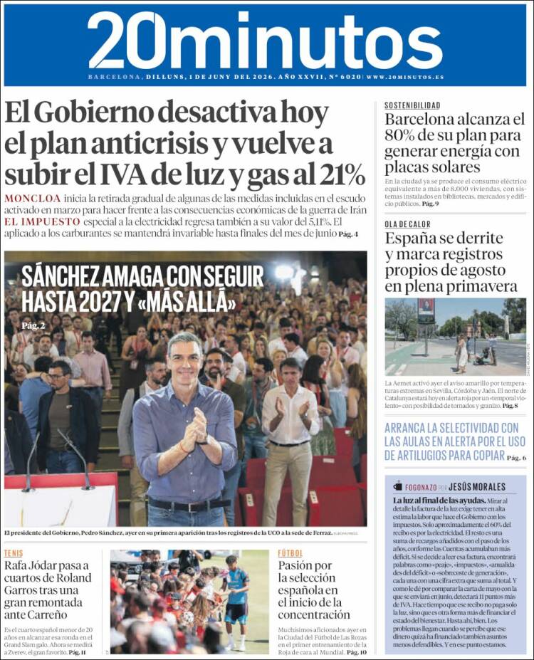 Portada de 20 Minutos - Barcelona (Espa&ntilde;a)