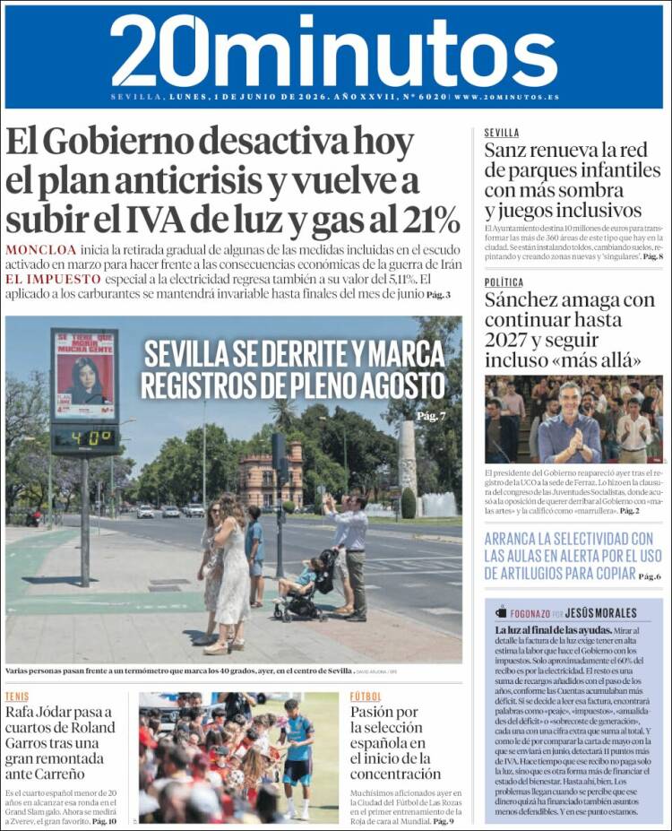 Portada de 20 Minutos - Sevilla (Espa&ntilde;a)