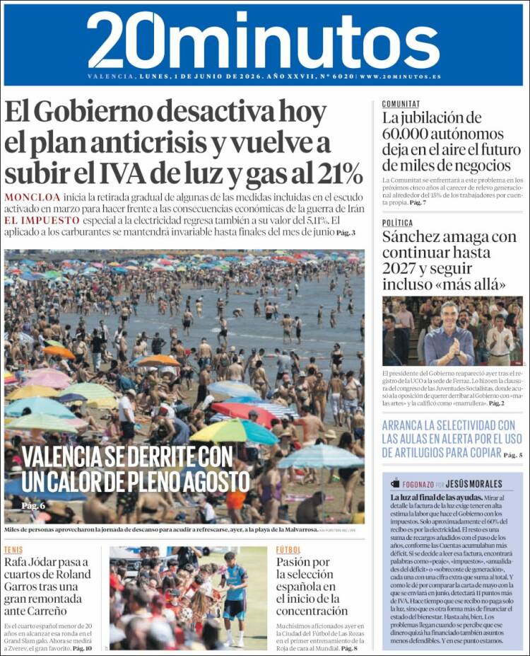 Portada de 20 Minutos - Valencia (Espa&ntilde;a)