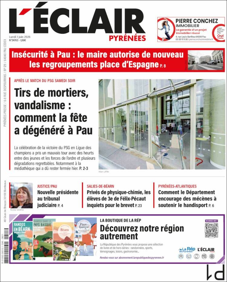 Portada de L'Eclair des Pyrénées (Francia)