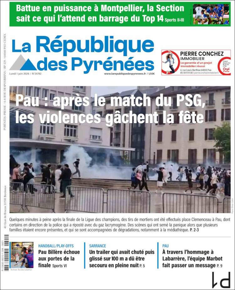 Portada de La République des Pyrénées (Francia)