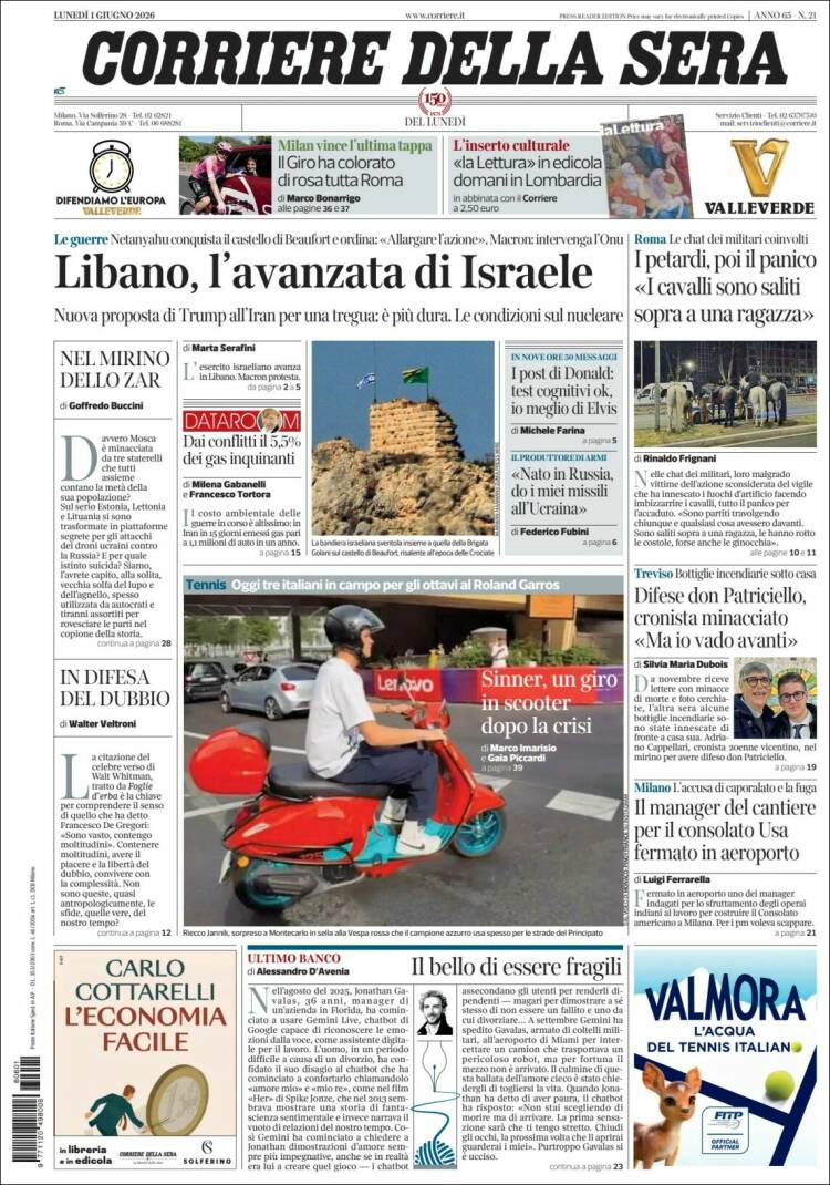 Portada de Corriere della Sera (Italia)
