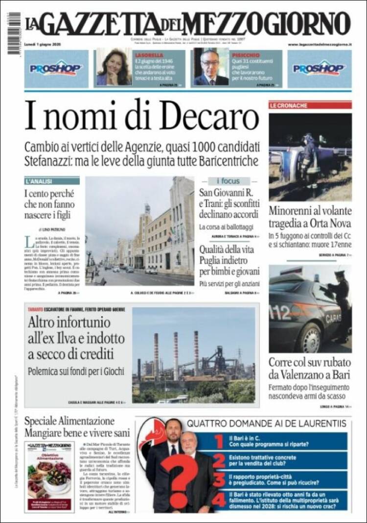 Portada de La Gazzetta del Mezzogiorno (Italia)