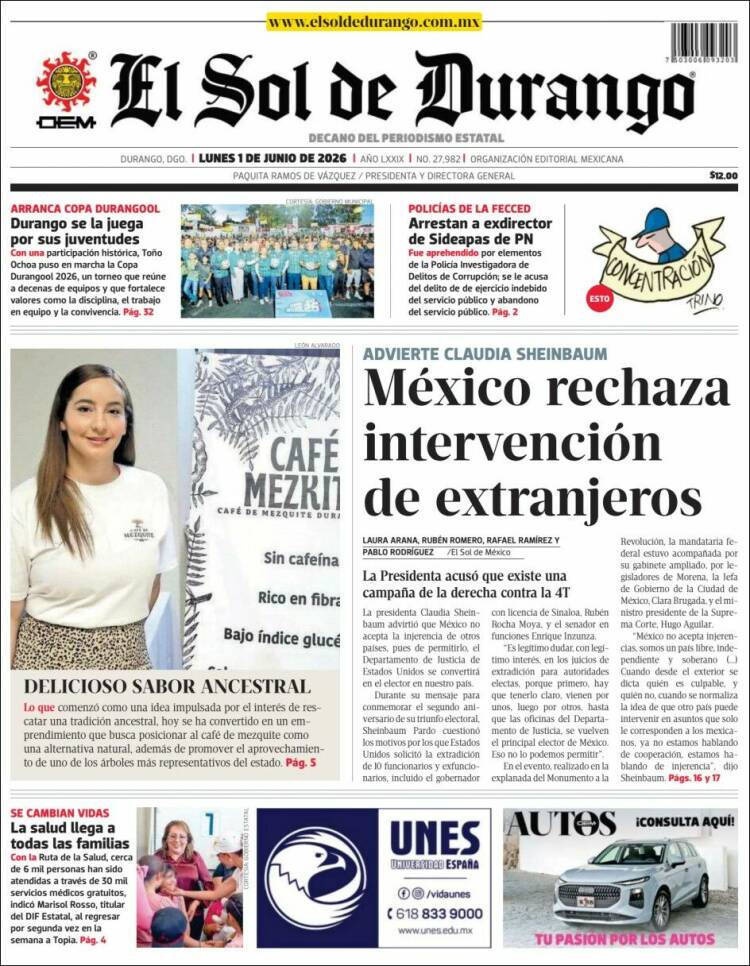 Portada de El Sol de Durango (M&eacute;xico)