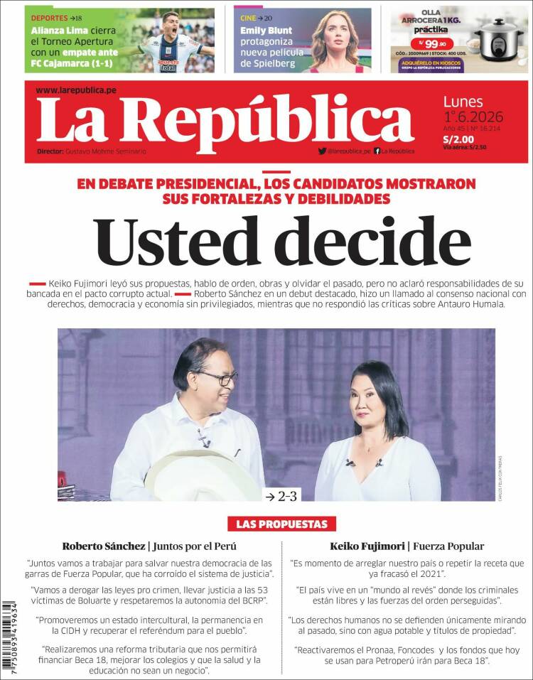Portada de La Republica (Per&uacute;)