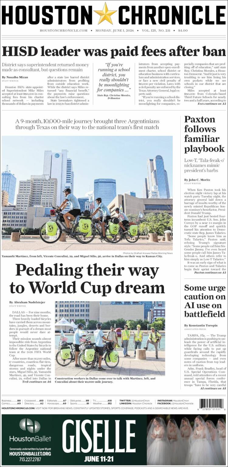 Portada de Houston Chronicle (USA)