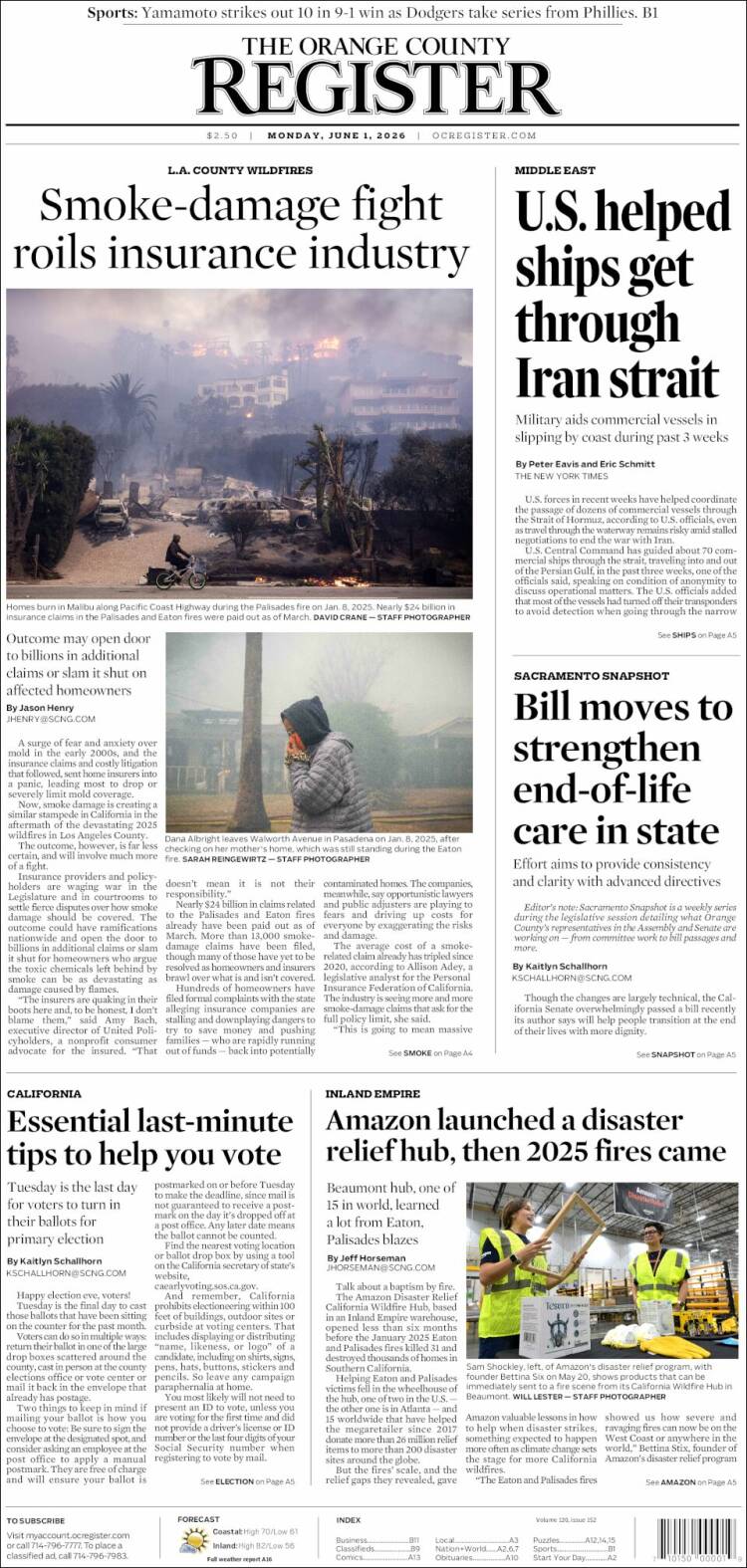 Portada de The Orange County Register (USA)