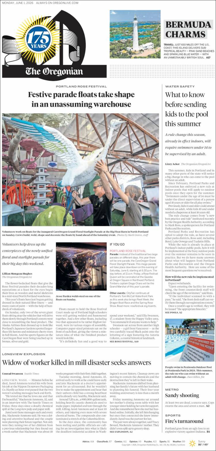 Portada de The Oregonian (USA)