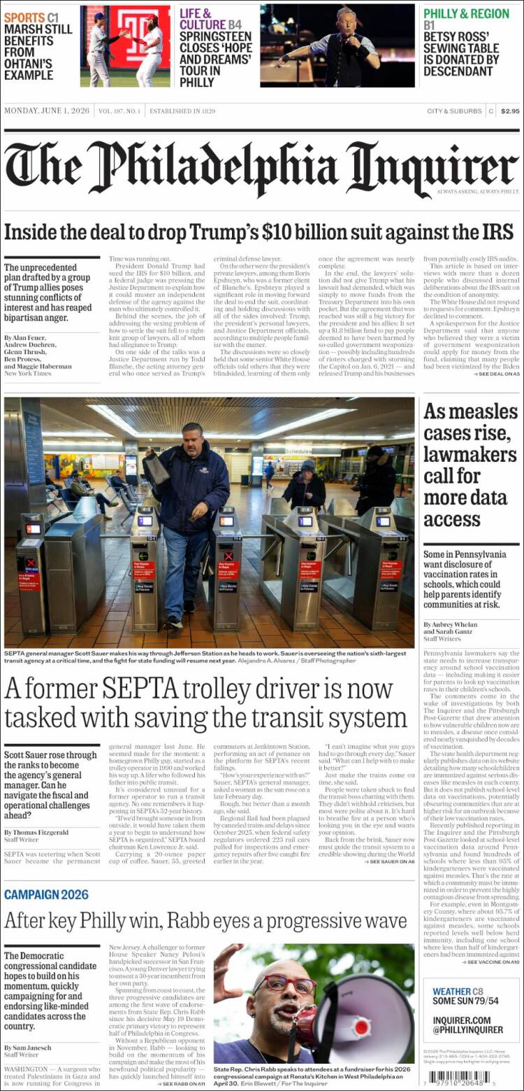 Portada de Philadelphia Inquirer (USA)