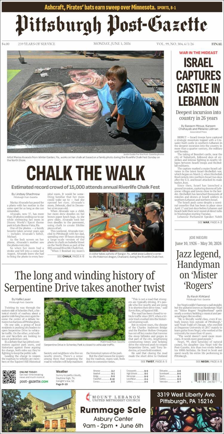 Portada de Pittsburgh Post-Gazette (USA)