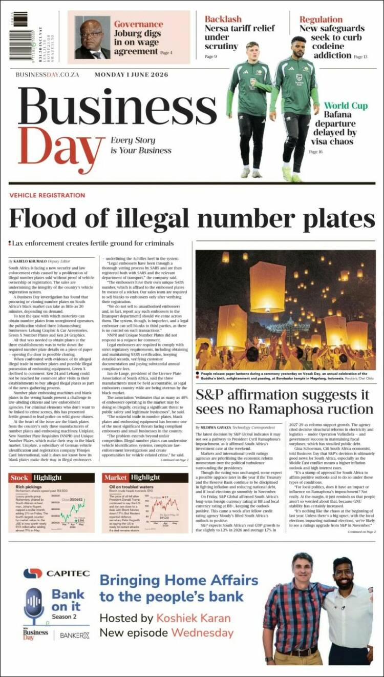 Portada de Business Day (Sud&aacute;frica)
