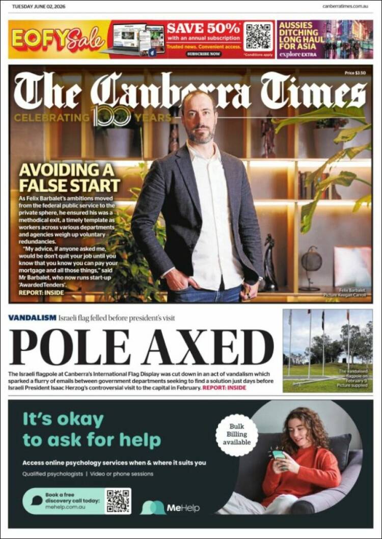 Portada de The Canberra Times (Australia)