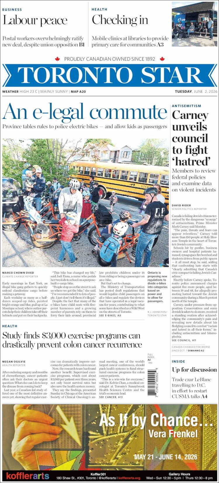 Portada de The Toronto Star (Canad&aacute;)
