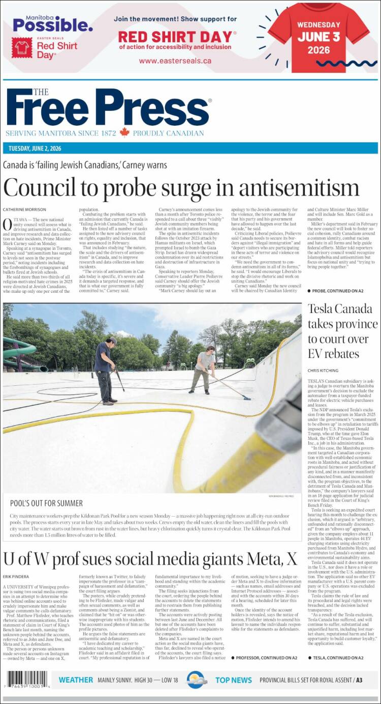Portada de Winnipeg Free Press (Canad&aacute;)