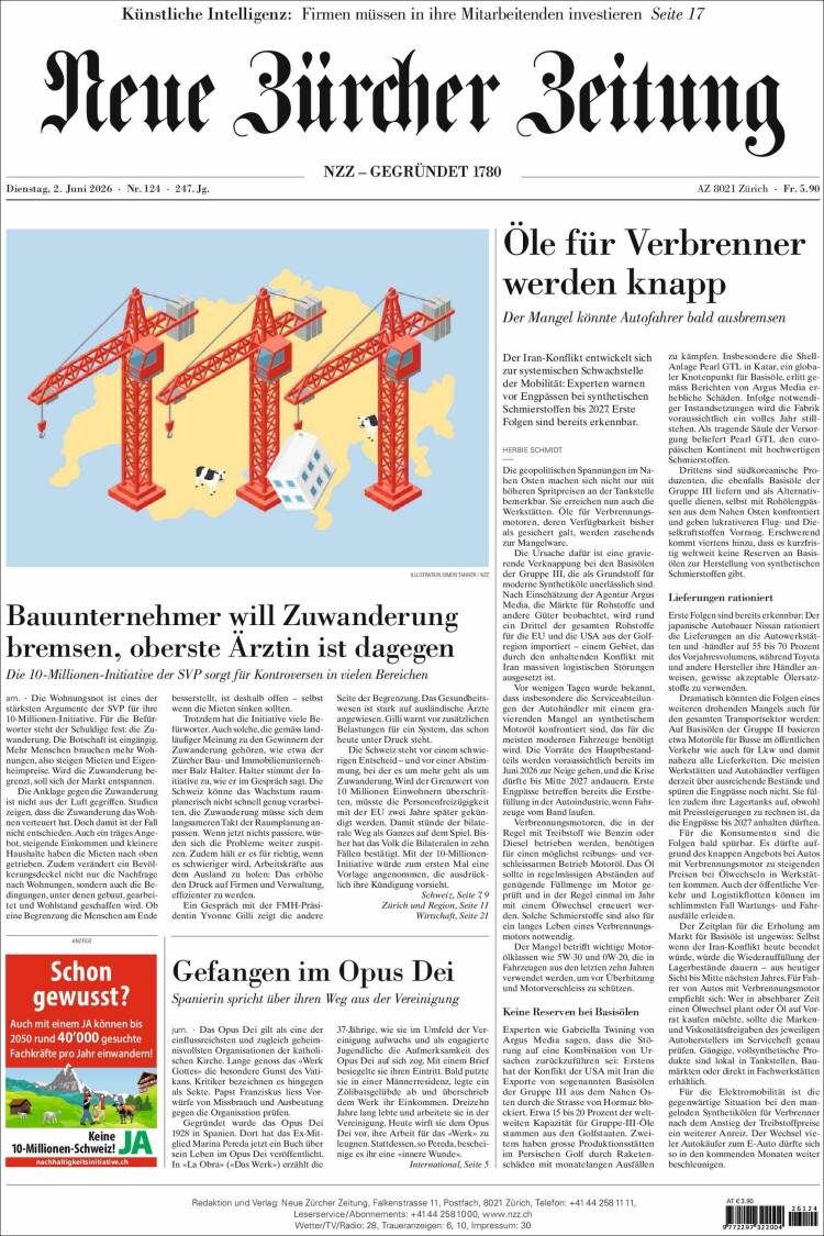 Portada de Neue Zürcher Zeitung (Suiza)