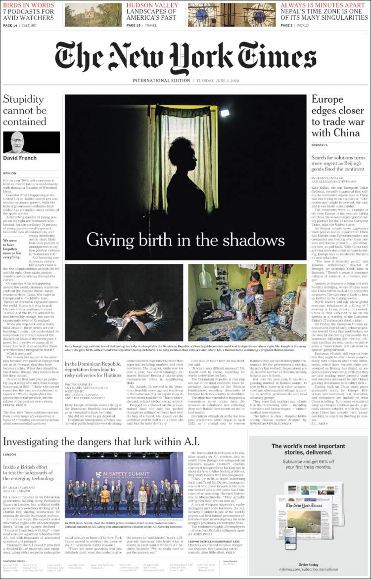 Portada de International New York Times (Europa)