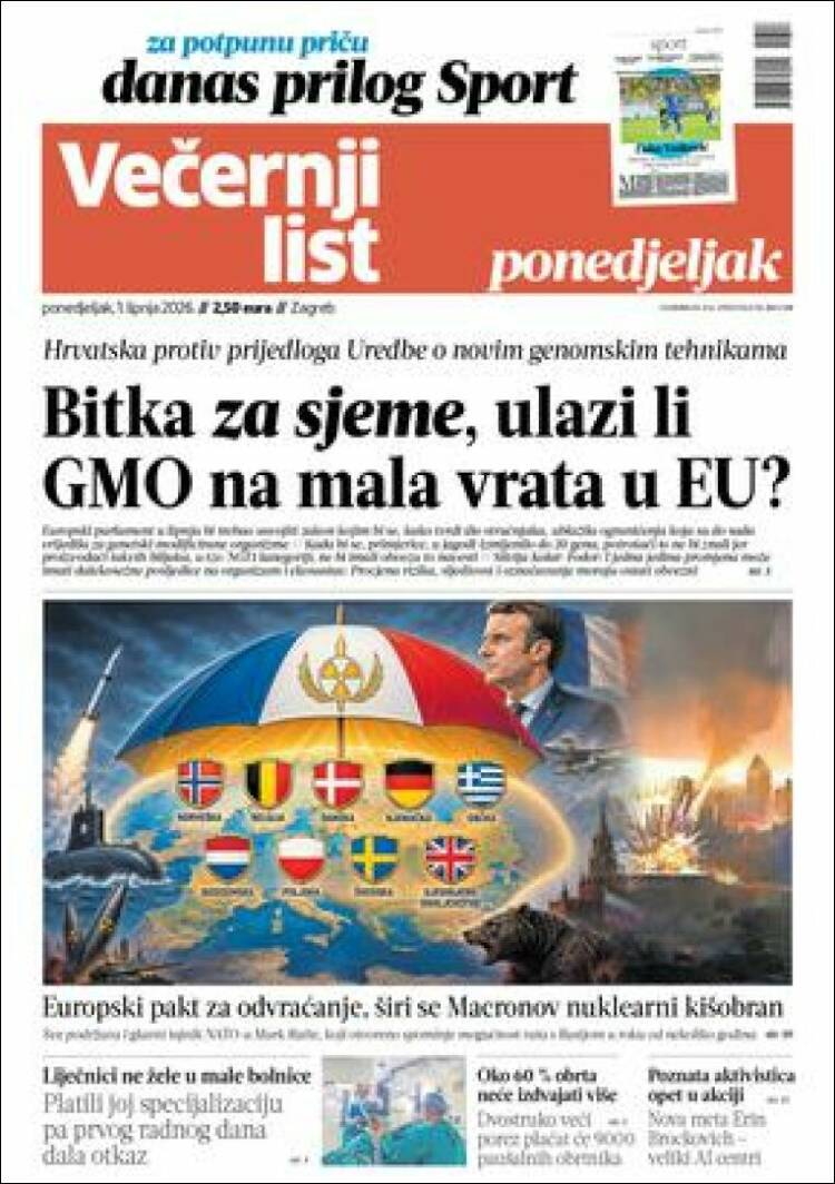 Portada de Večernji (Croacia)
