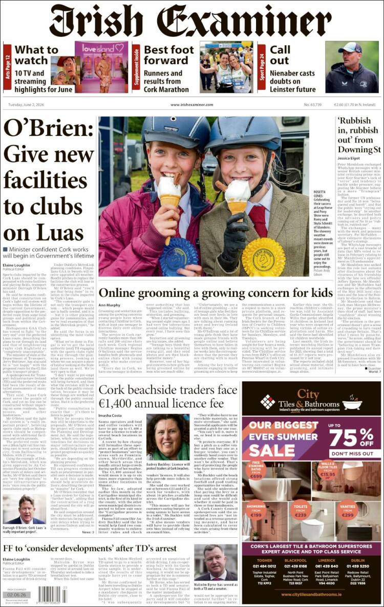 Portada de Irish Examiner (Irlanda)