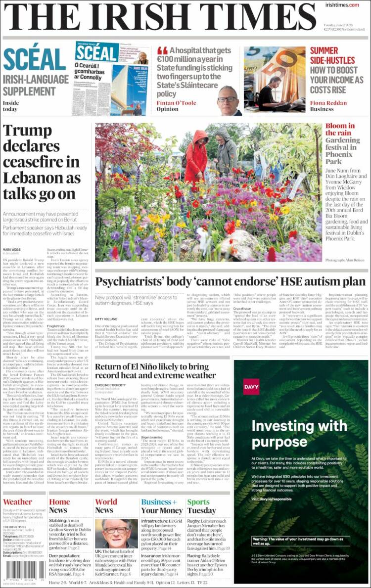Portada de Irish Times (Irlanda)