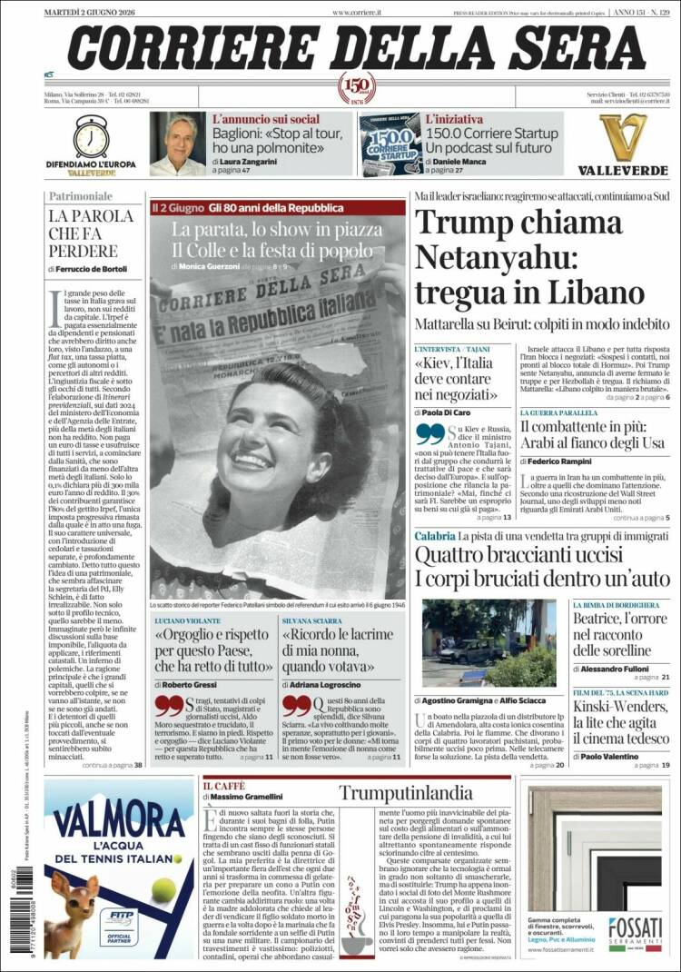 Portada de Corriere della Sera (Italia)