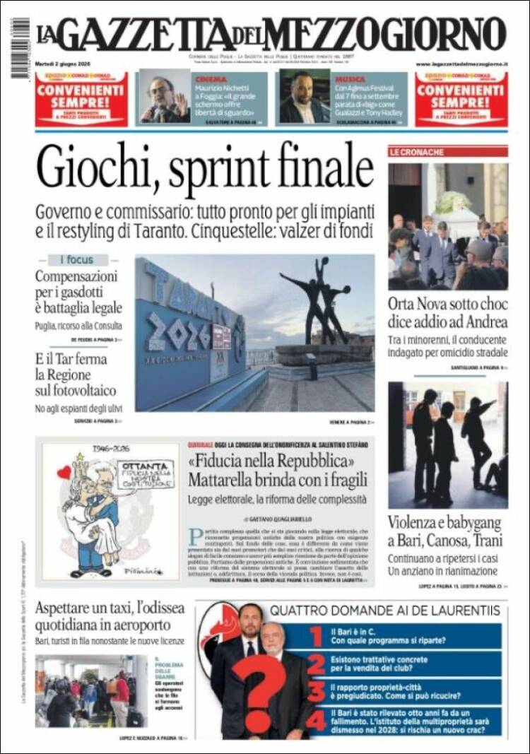 Portada de La Gazzetta del Mezzogiorno (Italia)