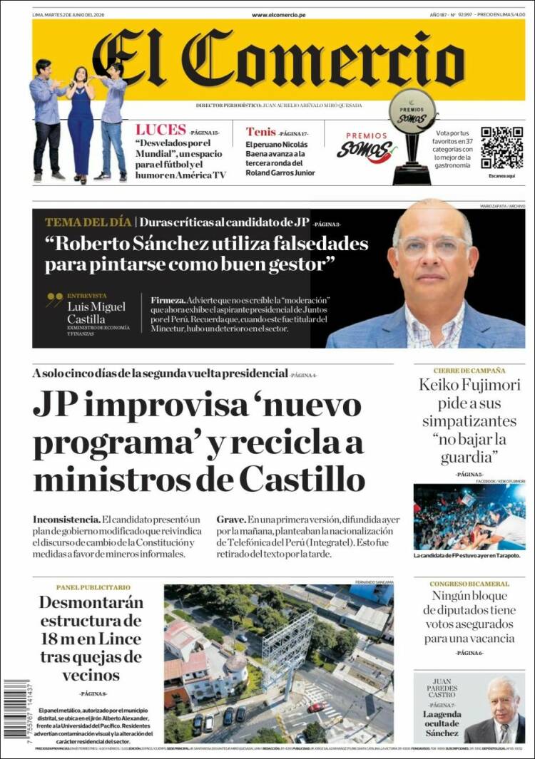 Portada de El Comercio (Per&uacute;)