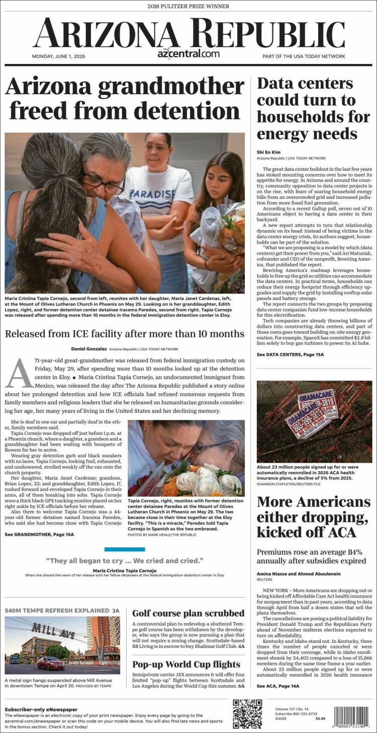 Portada de Arizona Republic News (USA)