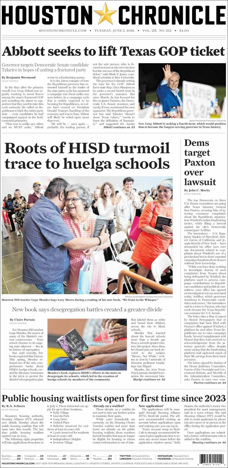 Portada de Houston Chronicle (USA)