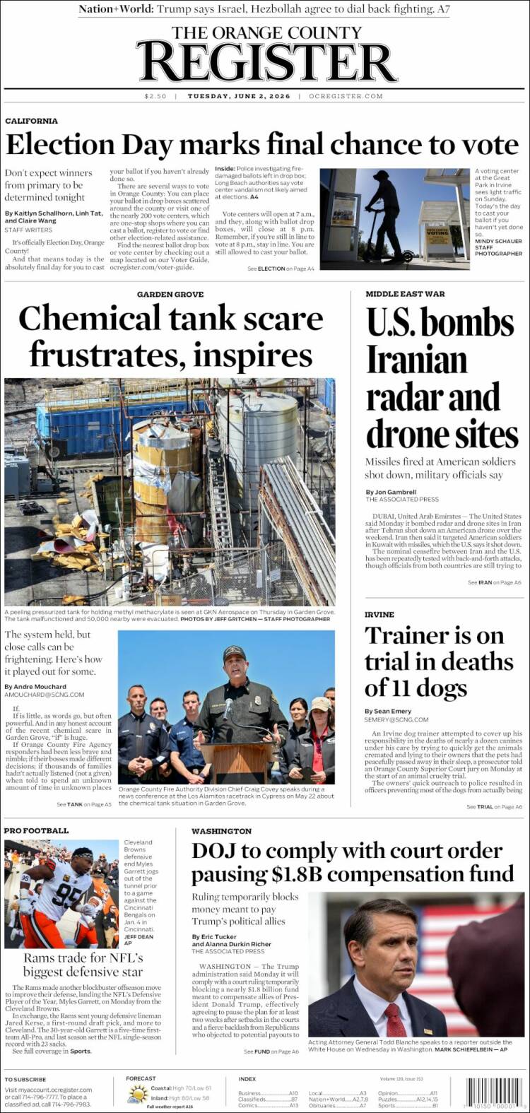 Portada de The Orange County Register (USA)