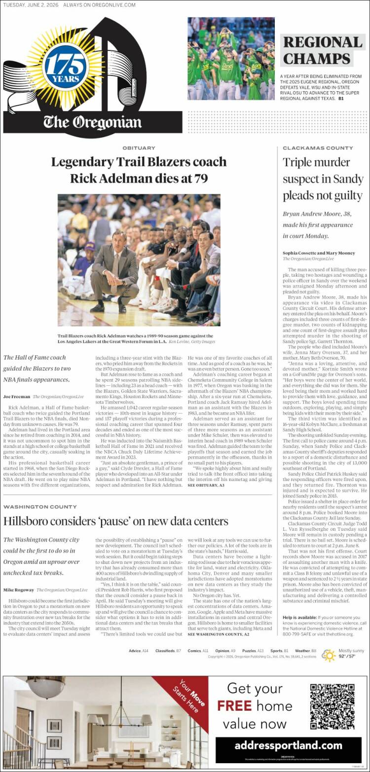 Portada de The Oregonian (USA)