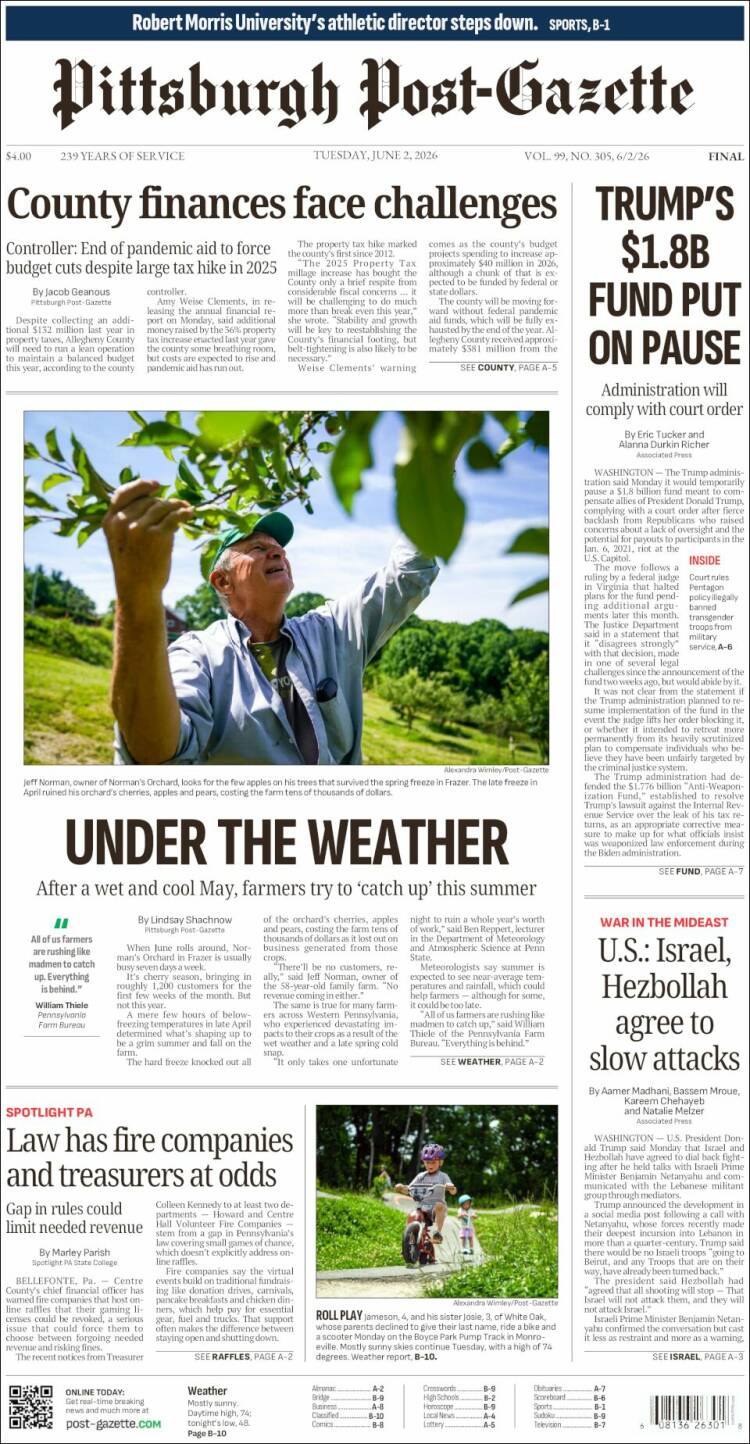 Portada de Pittsburgh Post-Gazette (USA)