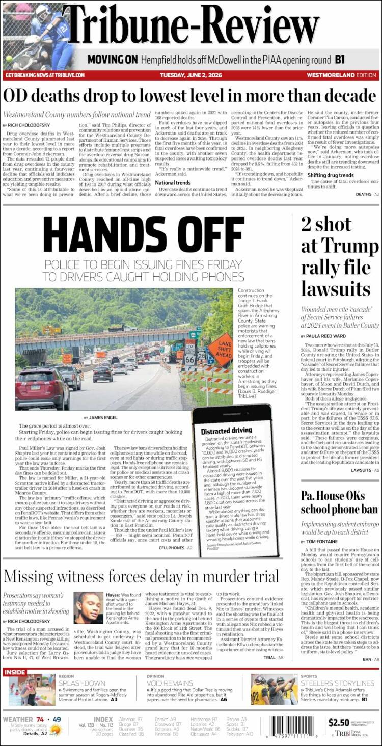 Portada de Tribune-Review (USA)