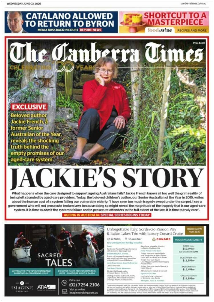 Portada de The Canberra Times (Australia)