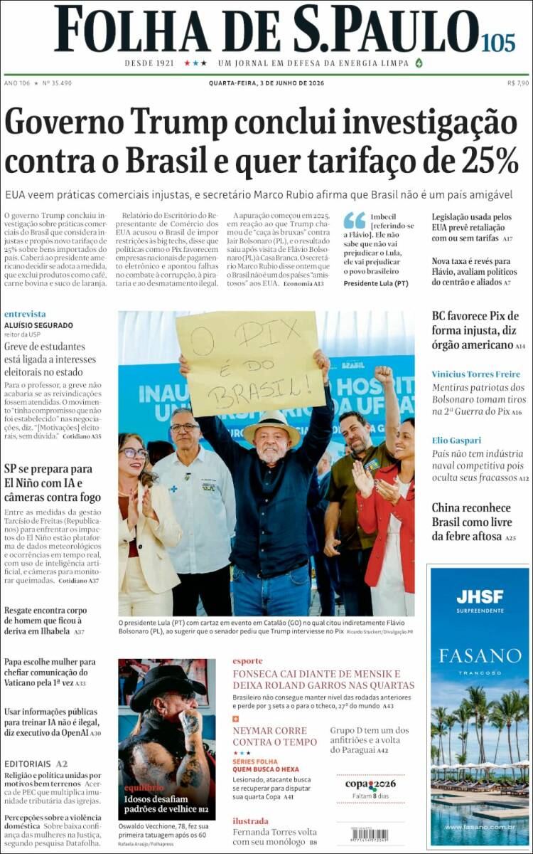 Portada de Folha de São Paulo (Brasil)