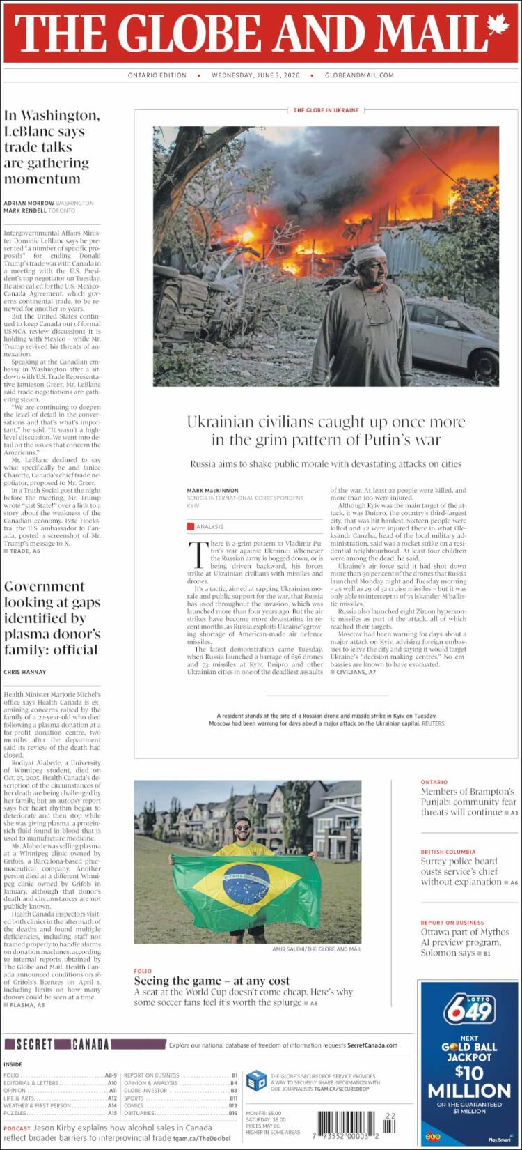 Portada de The Globe and Mail (Canad&aacute;)