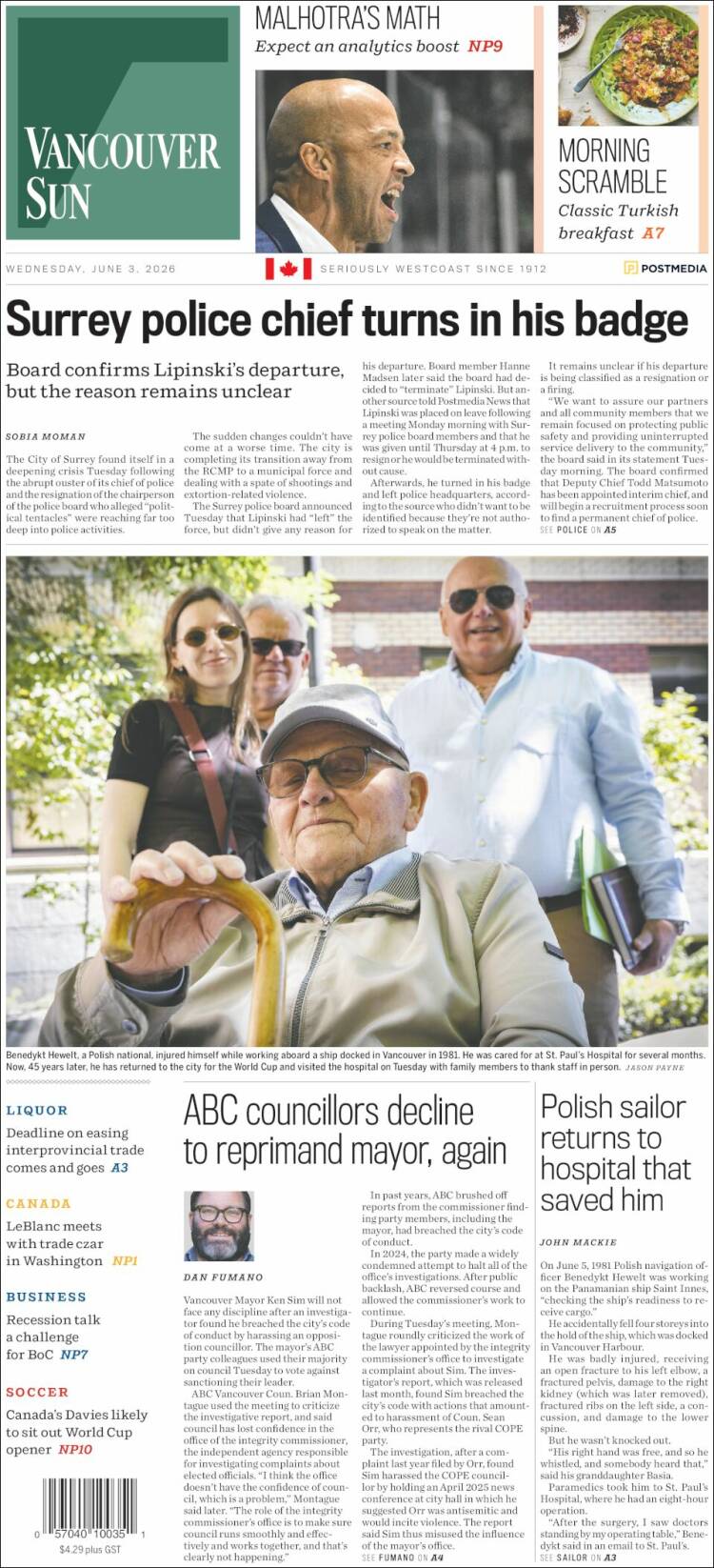 Portada de The Vancouver Sun (Canad&aacute;)