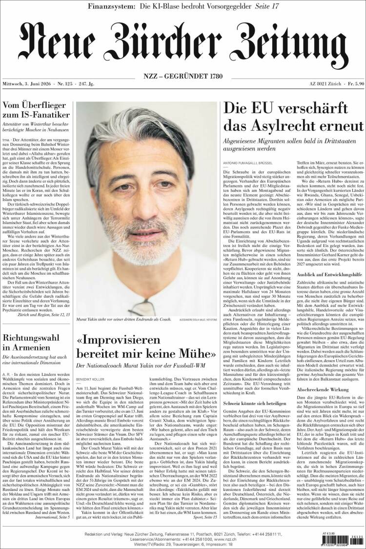 Portada de Neue Zürcher Zeitung (Suiza)