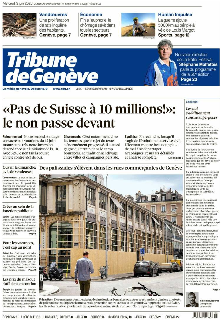 Portada de La Tribune de Genève (Suiza)