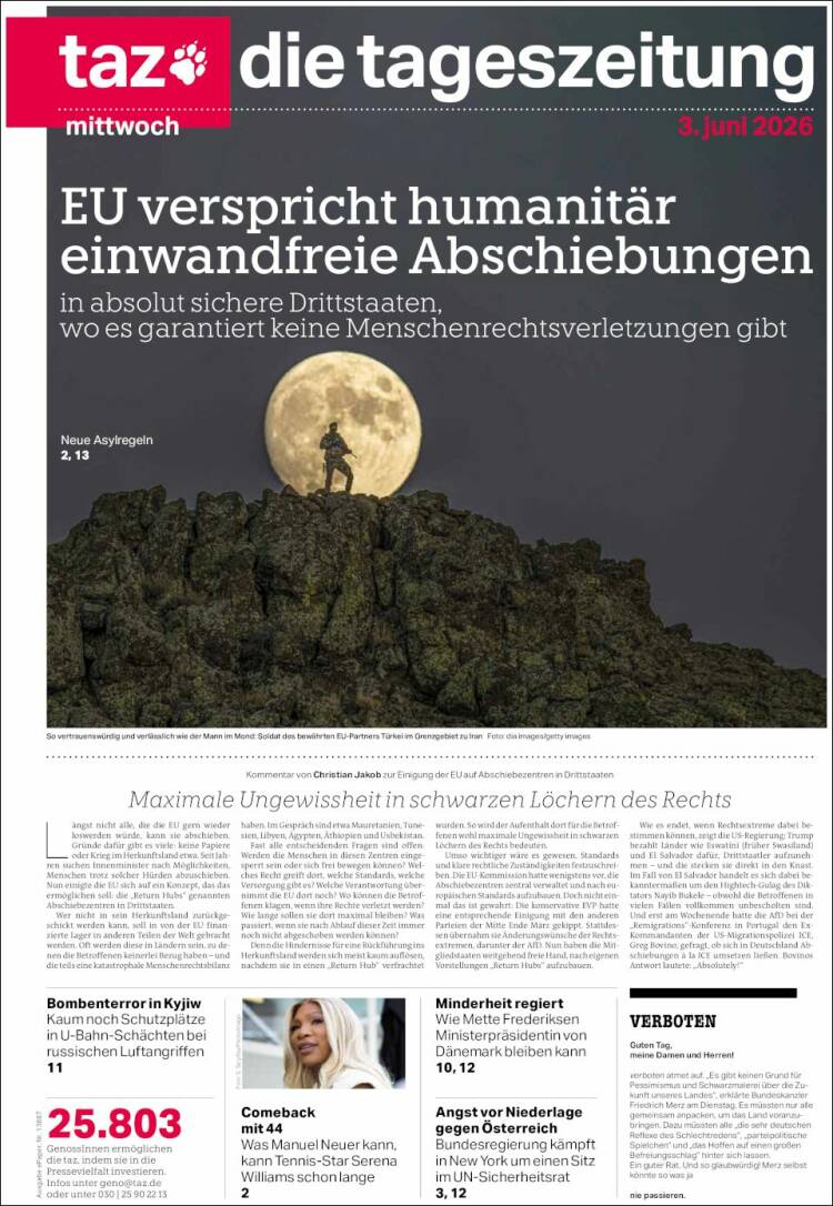 Portada de Die Tageszeitung (Alemania)