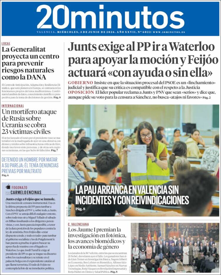 Portada de 20 Minutos - Valencia (Espa&ntilde;a)