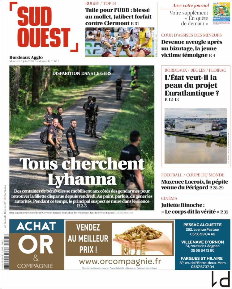 Portada de Sud Ouest (Francia)