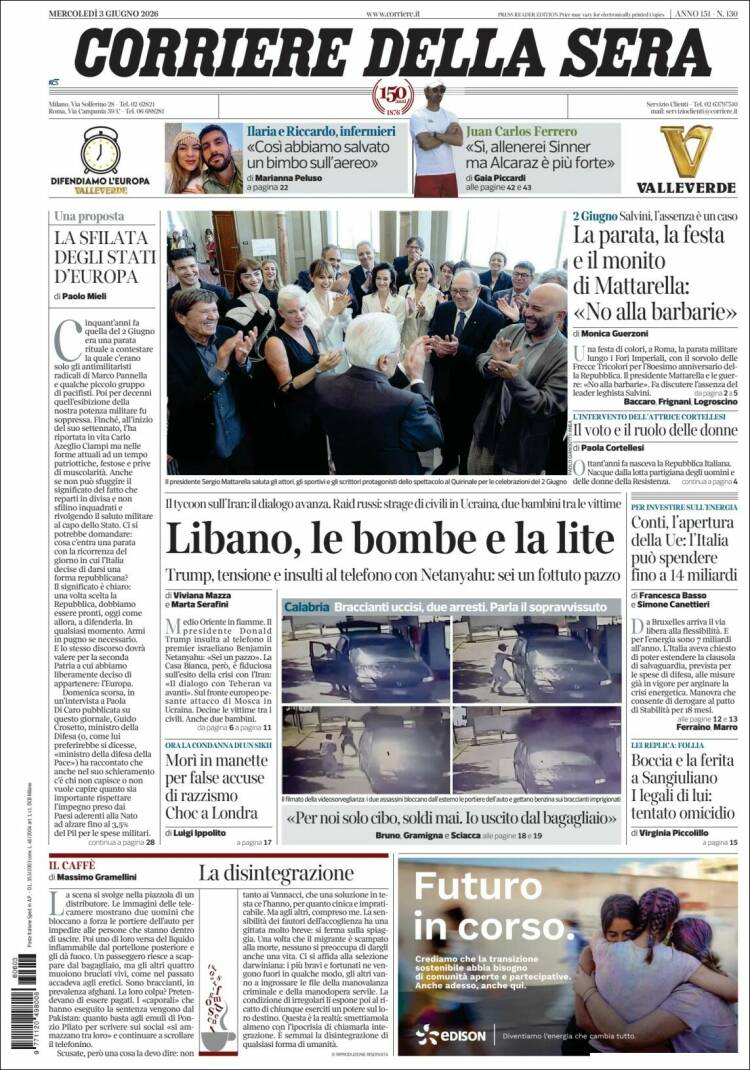 Portada de Corriere della Sera (Italia)
