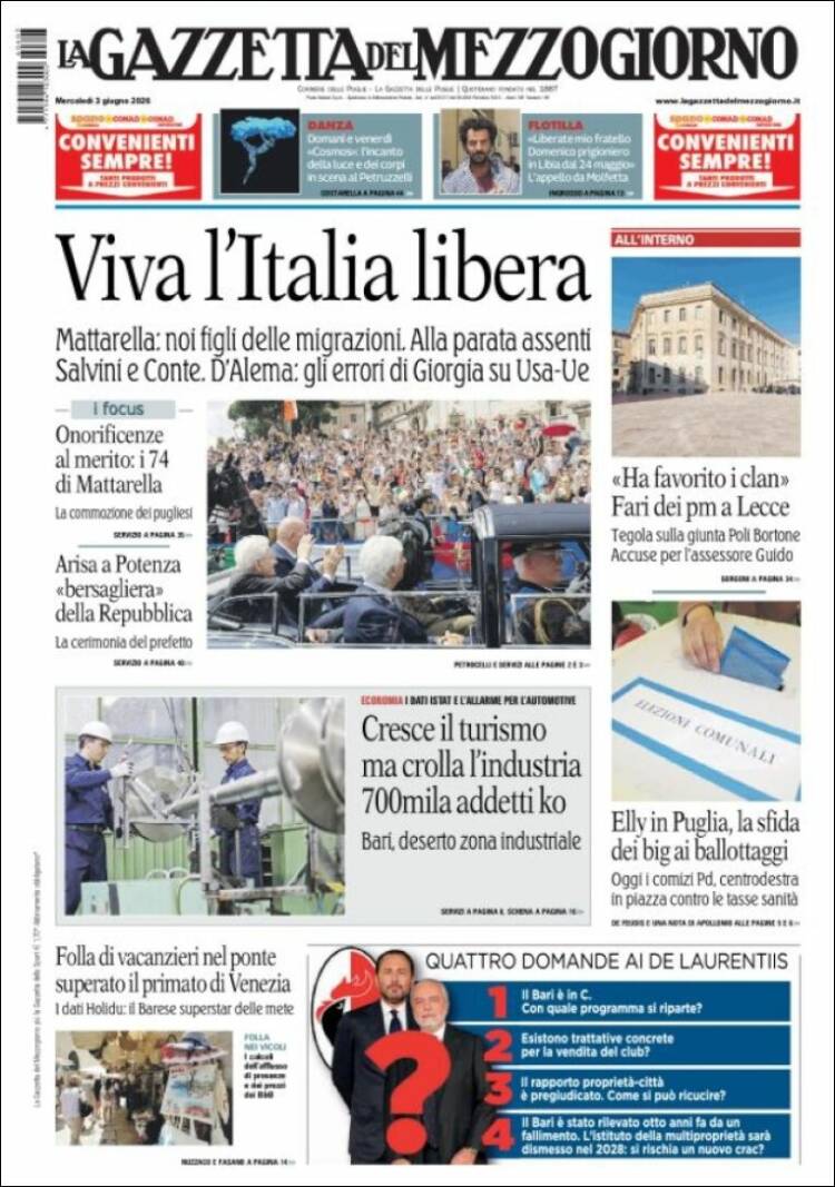 Portada de La Gazzetta del Mezzogiorno (Italia)