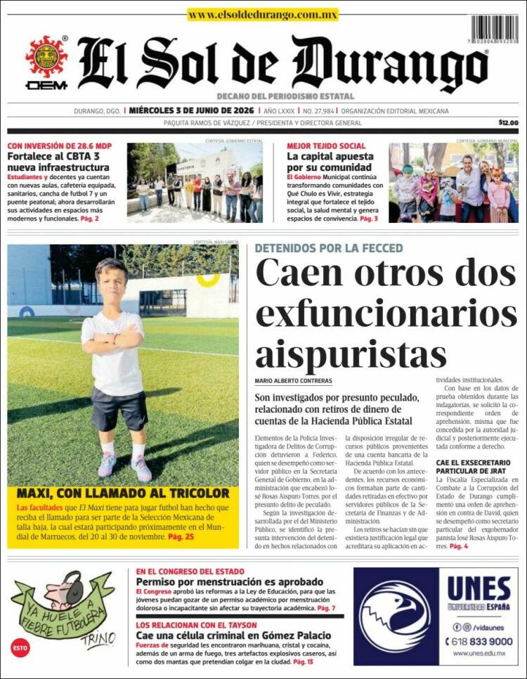 Portada de El Sol de Durango (M&eacute;xico)
