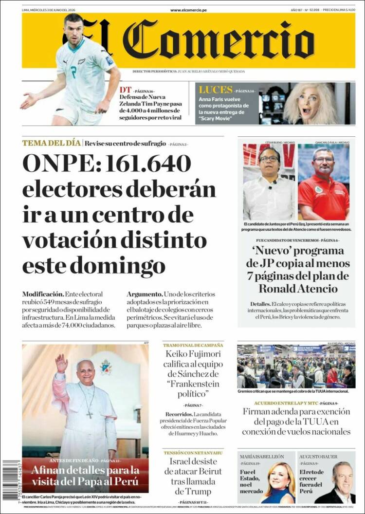 Portada de El Comercio (Per&uacute;)